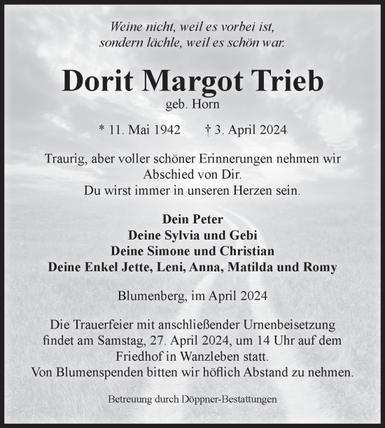 Traueranzeige von Dorit Margot Trieb von Volksstimme Oschersleben/Wanzleben