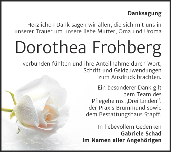 Traueranzeige von Dorothea Frohberg von Trauerkombi Mansfelder Land