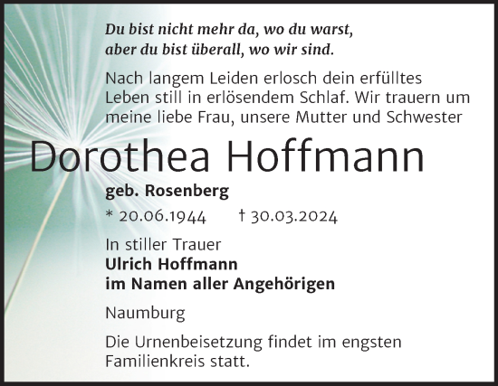 Traueranzeige von Dorothea Hoffmann von Super Sonntag Naumburg/Nebra