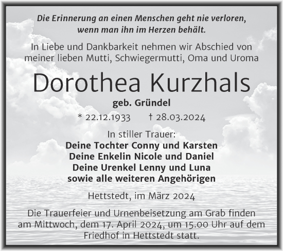 Traueranzeige von Dorothea Kurzhals von Trauerkombi Mansfelder Land