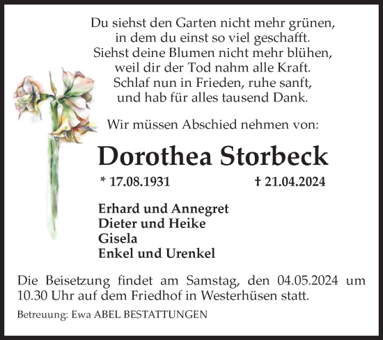 Traueranzeige von Dorothea Storbeck von Volksstimme Magdeburg