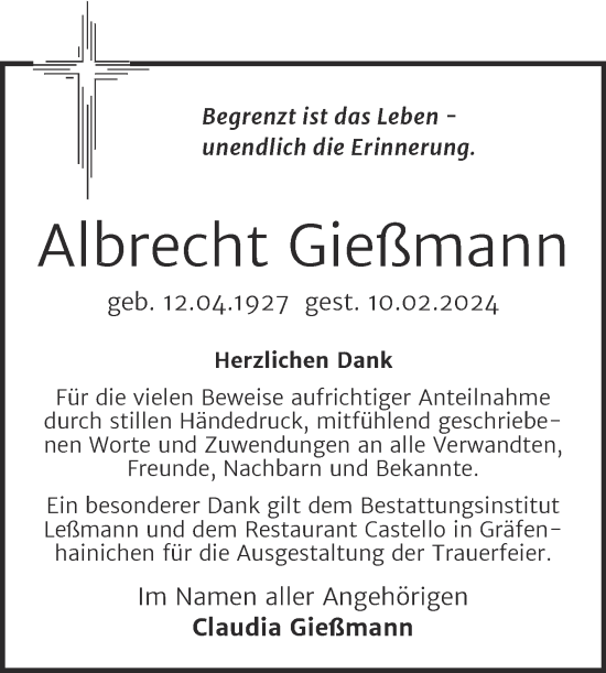 Traueranzeige von Albrecht Gießmann von Trauerkombi Wittenberg
