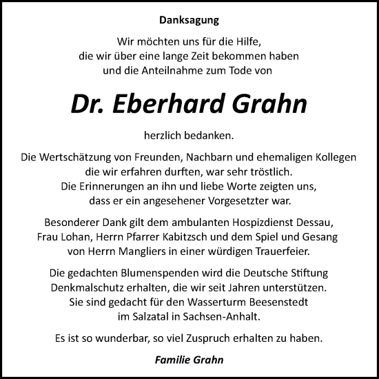 Traueranzeige von Eberhard Grahn von Mitteldeutsche Zeitung Bitterfeld