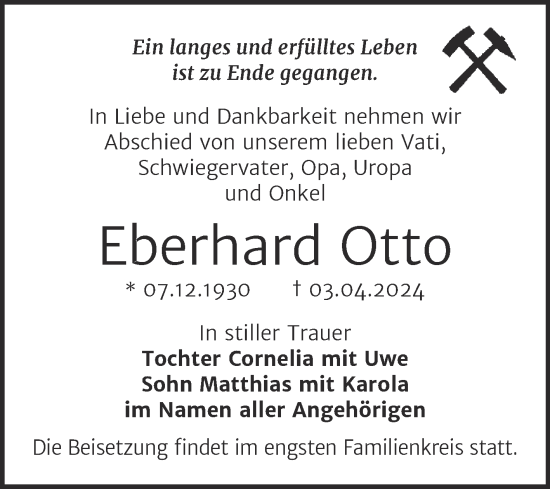 Traueranzeige von Eberhard Otto von Mitteldeutsche Zeitung Mansfelder Land