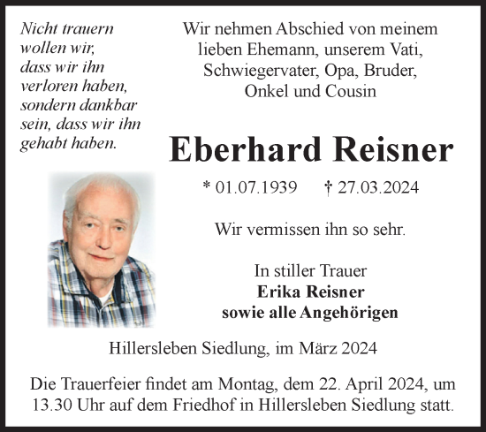 Traueranzeige von Eberhard Reisner von Volksstimme Haldensleben/Wolmirstedt