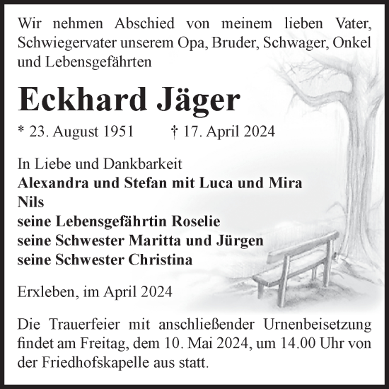 Traueranzeige von Eckhard Jäger von Volksstimme Haldensleben/Wolmirstedt