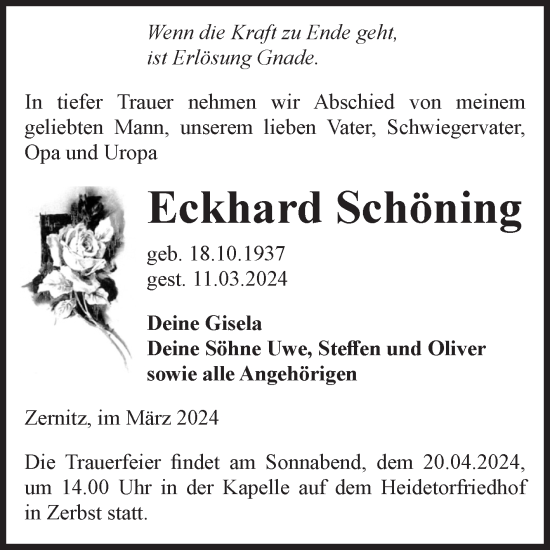 Traueranzeige von Eckhard Schöning von Volksstimme Zerbst