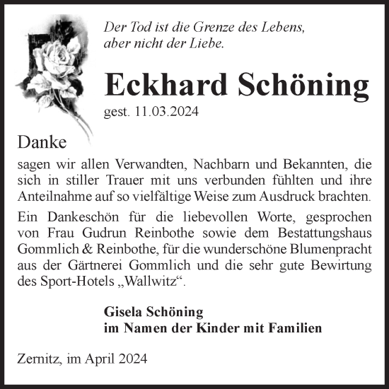 Traueranzeige von Eckhard Schöning von Volksstimme Zerbst