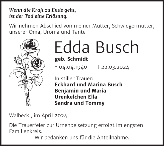 Traueranzeige von Edda Busch von Trauerkombi Mansfelder Land