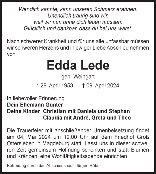 Traueranzeige von Edda Lede von Volksstimme Magdeburg