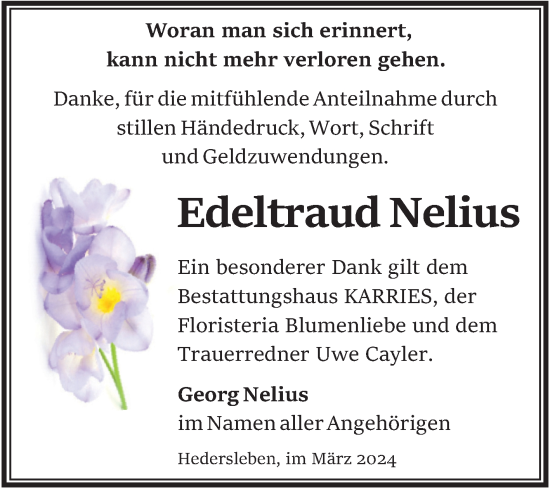 Traueranzeige von Edeltraud Nelius von Trauerkombi Quedlinburg