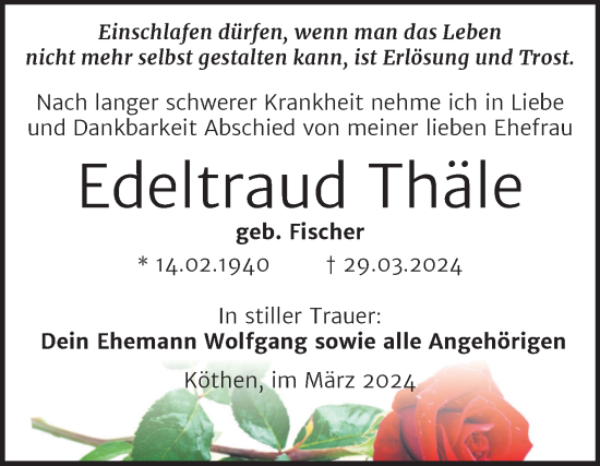 Traueranzeige von Edeltraud Thäle von Trauerkombi Köthen