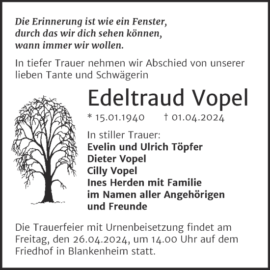 Traueranzeige von Edeltraud Vopel von Trauerkombi Sangerhausen