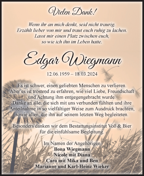 Traueranzeige von Edgar Wiegmann von Volksstimme Wernigerode