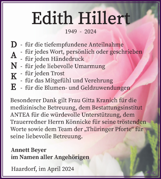 Traueranzeige von Edith Hillert von Trauerkombi Zeitz