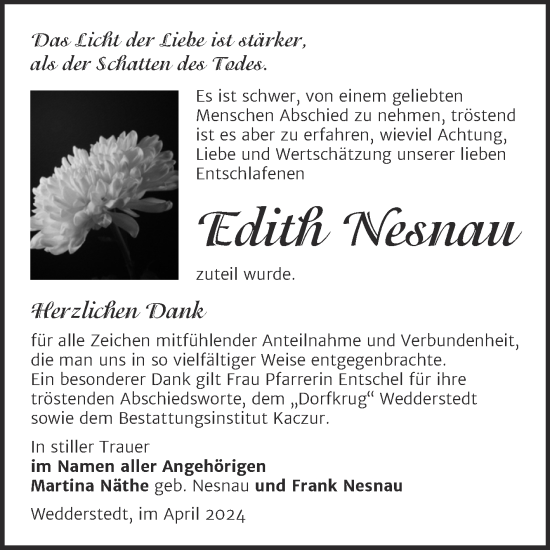 Traueranzeige von Edith Nesnau von Trauerkombi Quedlinburg