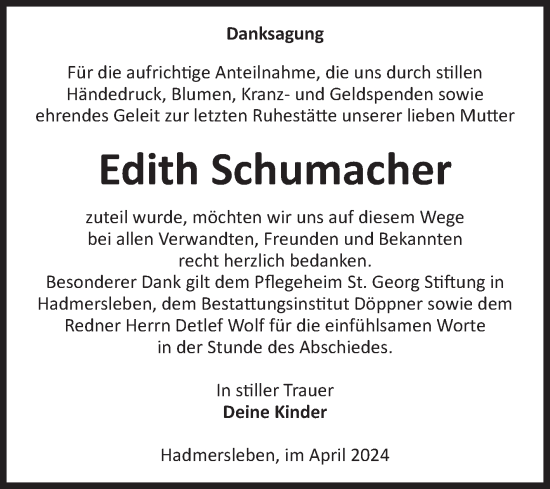 Traueranzeige von Edith Schumacher von Volksstimme Oschersleben/Wanzleben