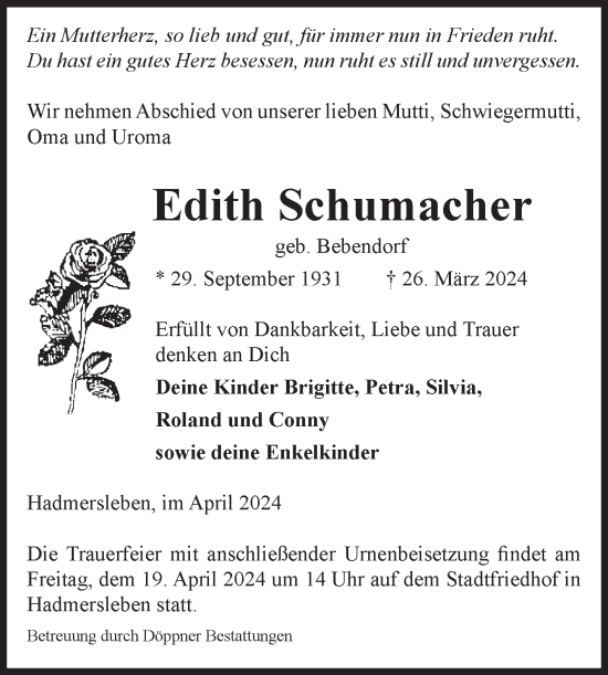 Traueranzeige von Edith Schumacher von Volksstimme Oschersleben/Wanzleben