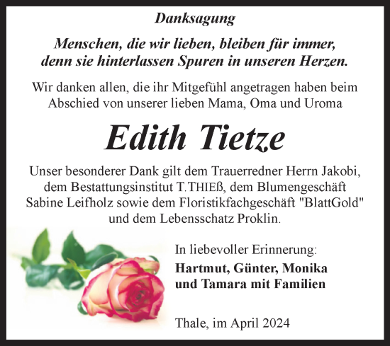 Traueranzeige von Edith Tietze von Trauerkombi Quedlinburg