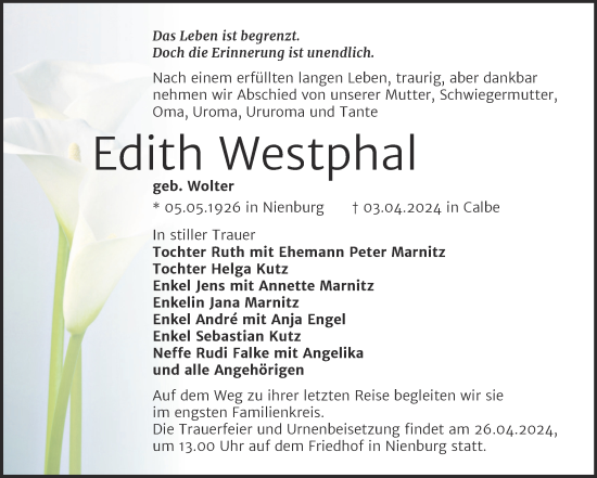 Traueranzeige von Edith Westphal von Trauerkombi Bernburg