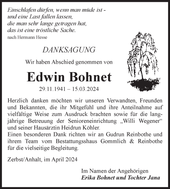 Traueranzeige von Edwin Bohnet von Volksstimme Zerbst