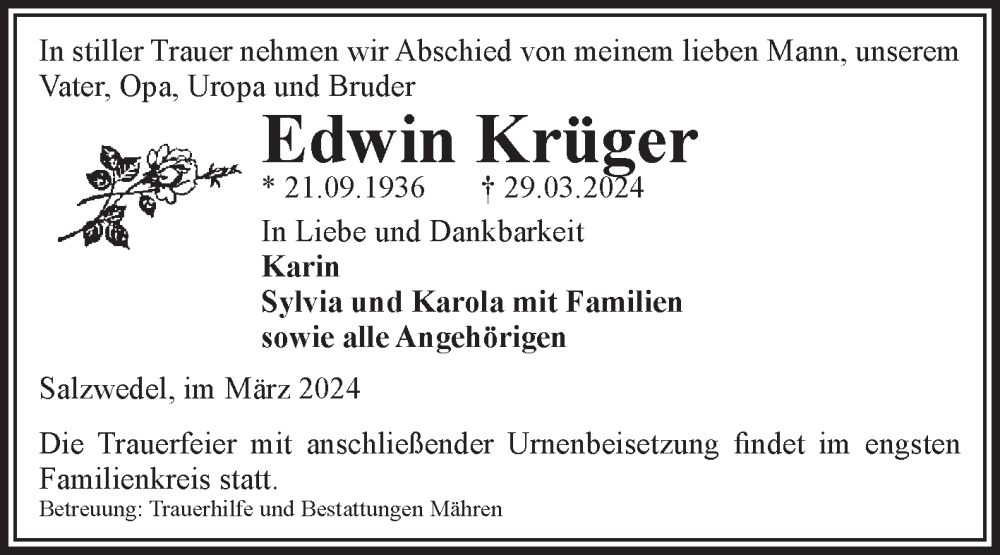  Traueranzeige für Edwin Krüger vom 04.04.2024 aus Volksstimme Altmark Ost