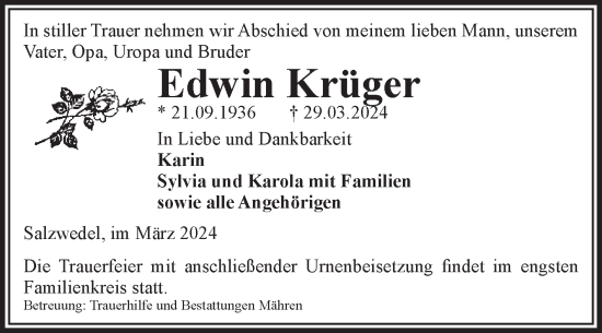 Traueranzeige von Edwin Krüger von Volksstimme Altmark Ost