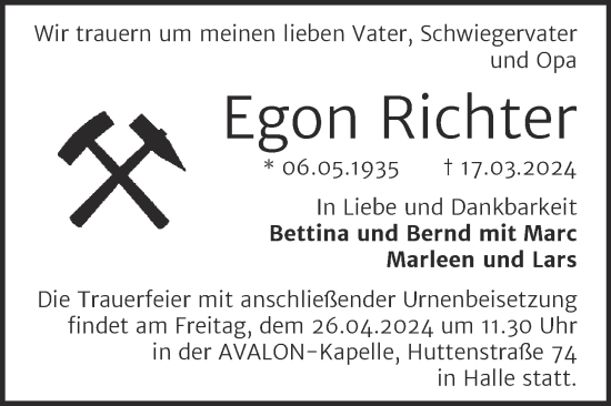 Traueranzeige von Egon Richter von Mitteldeutsche Zeitung Halle/Saalkreis