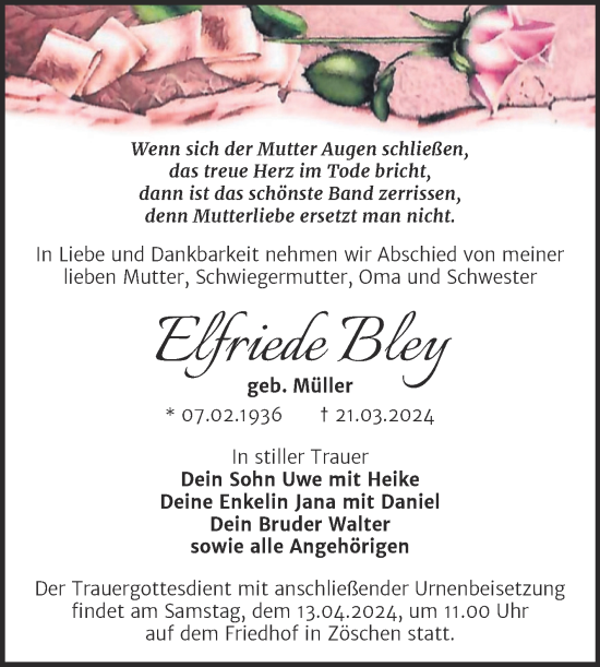 Traueranzeige von Elfriede Bley von Trauerkombi Merseburg