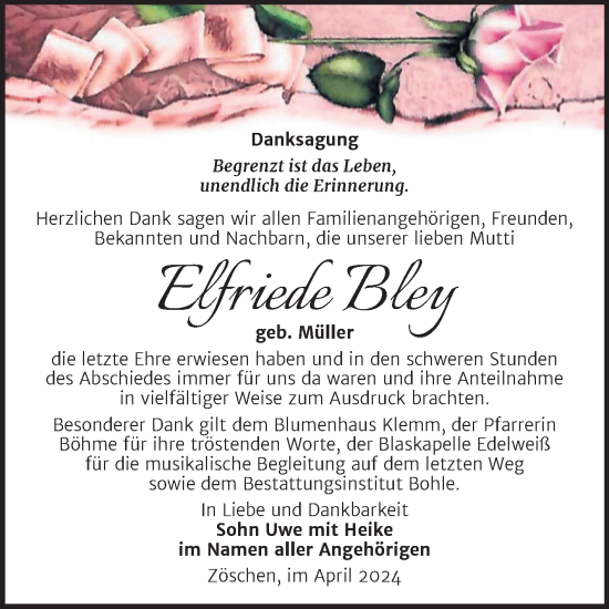 Traueranzeige von Elfriede Bley von Trauerkombi Merseburg