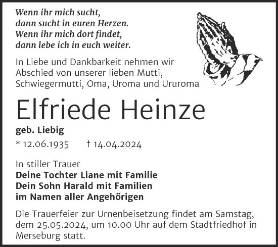 Traueranzeige von Elfriede Heinze von Trauerkombi Merseburg