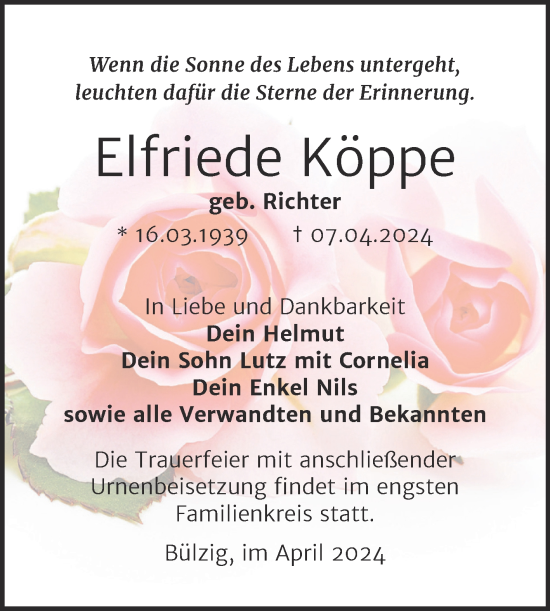 Traueranzeige von Elfriede Köppe von Super Sonntag Wittenberg