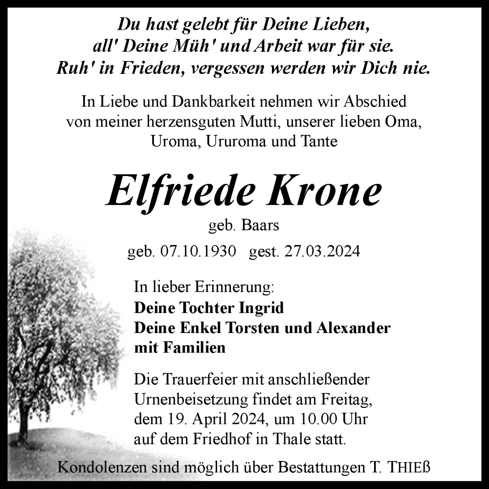  Traueranzeige für Elfriede Krone vom 06.04.2024 aus Trauerkombi Quedlinburg