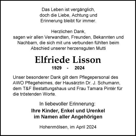 Traueranzeige von Elfriede Lisson von Trauerkombi Weißenfels