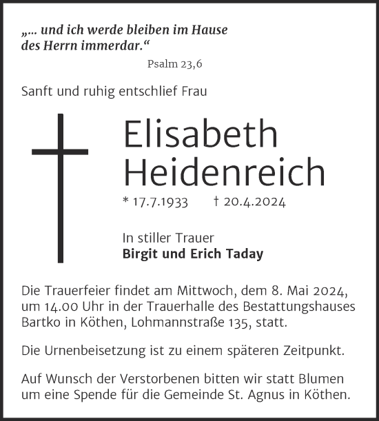 Traueranzeige von Elisabeth Heidenreich von Trauerkombi Köthen