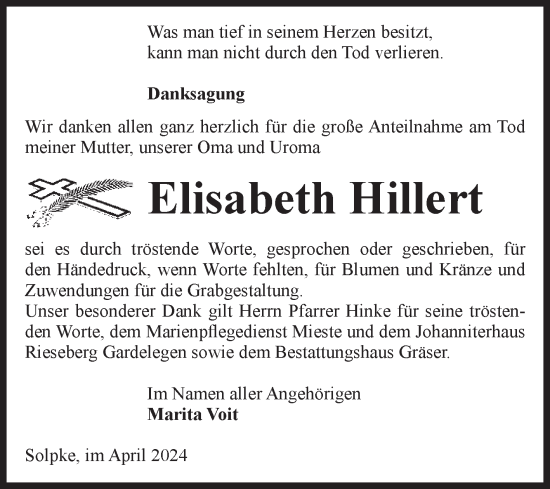 Traueranzeige von Elisabeth Hillert von Volksstimme Altmark West