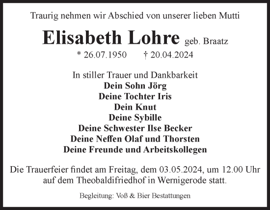 Traueranzeige von Elisabeth Lohre von Volksstimme Wernigerode