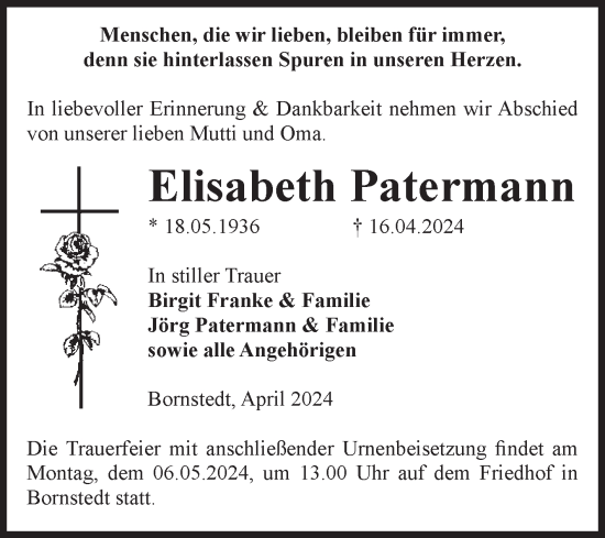 Traueranzeige von Elisabeth Patermann von Volksstimme Haldensleben/Wolmirstedt