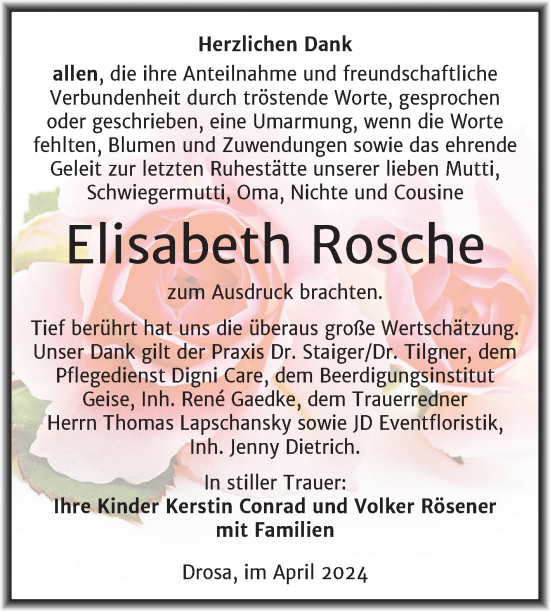 Traueranzeige von Elisabeth Rosche von Trauerkombi Köthen