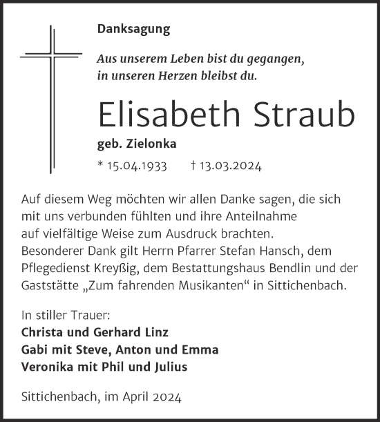 Traueranzeige von Elisabeth Straub von Trauerkombi Mansfelder Land