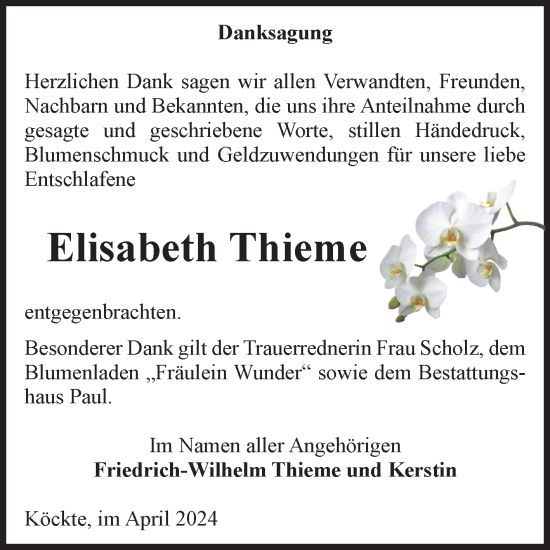 Traueranzeige von Elisabeth Thieme von Volksstimme Altmark West