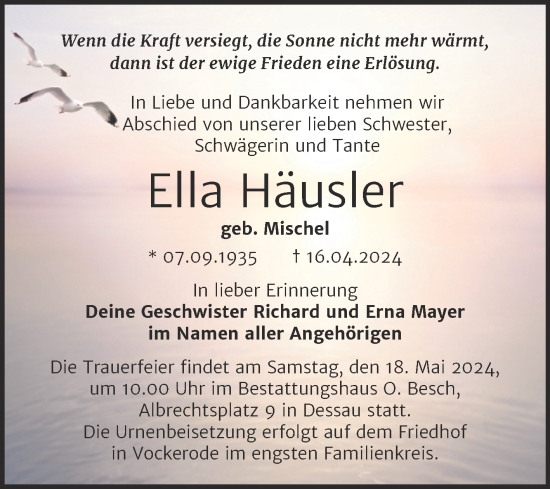 Traueranzeige von Ella Häusler von Trauerkombi Dessau