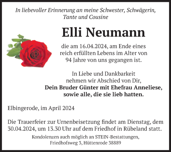 Traueranzeige von Elli Neumann von Volksstimme Wernigerode