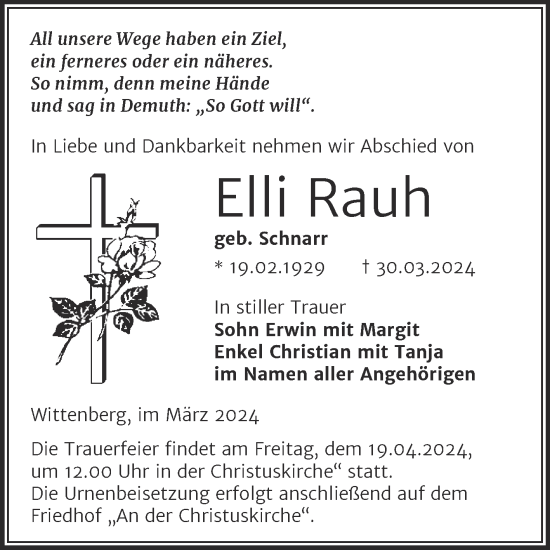 Traueranzeige von Elli Rauh von Trauerkombi Wittenberg