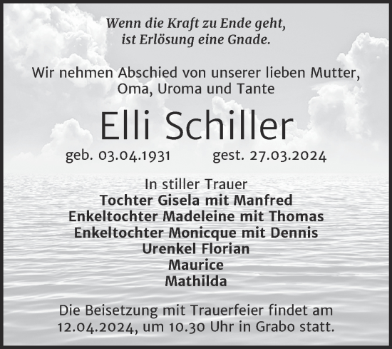 Traueranzeige von Elli Schiller von Trauerkombi Wittenberg
