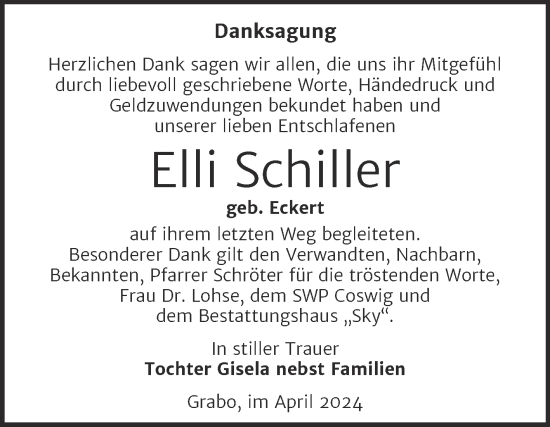 Traueranzeige von Elli Schiller von Trauerkombi Wittenberg