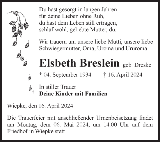 Traueranzeige von Elsbeth Breslein von Volksstimme Altmark West