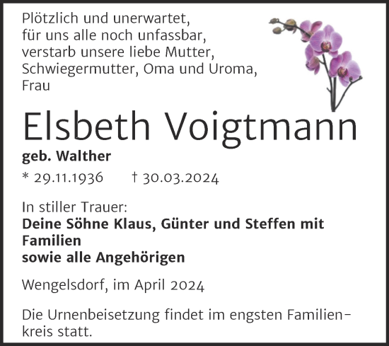 Traueranzeige von Elsbeth Voigtmann von Trauerkombi Weißenfels