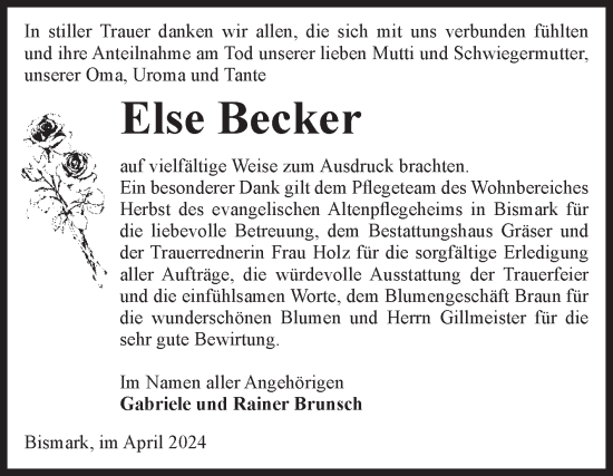 Traueranzeige von Else Becker von Volksstimme Altmark Ost