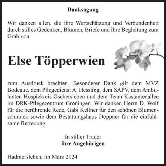 Traueranzeige von Else Töpperwien von Volksstimme Oschersleben/Wanzleben